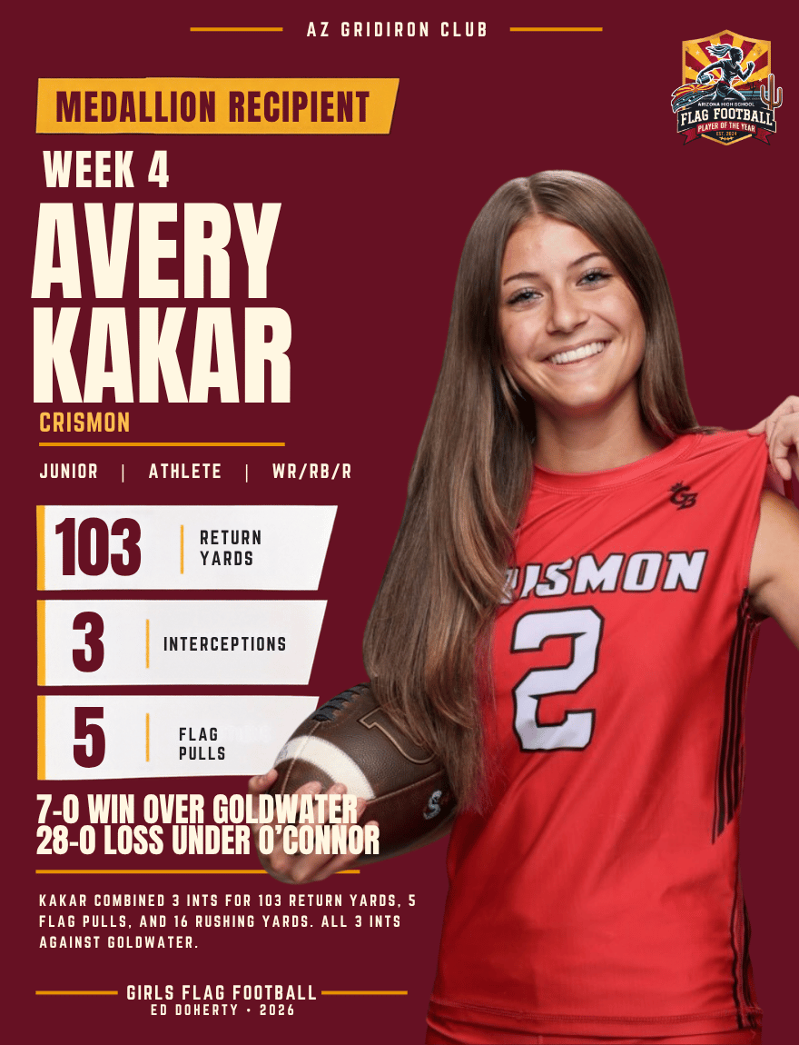 Week 4 Arizona High School Flag Football Player of the Year medallion recipient Avery Kakar of Crismon