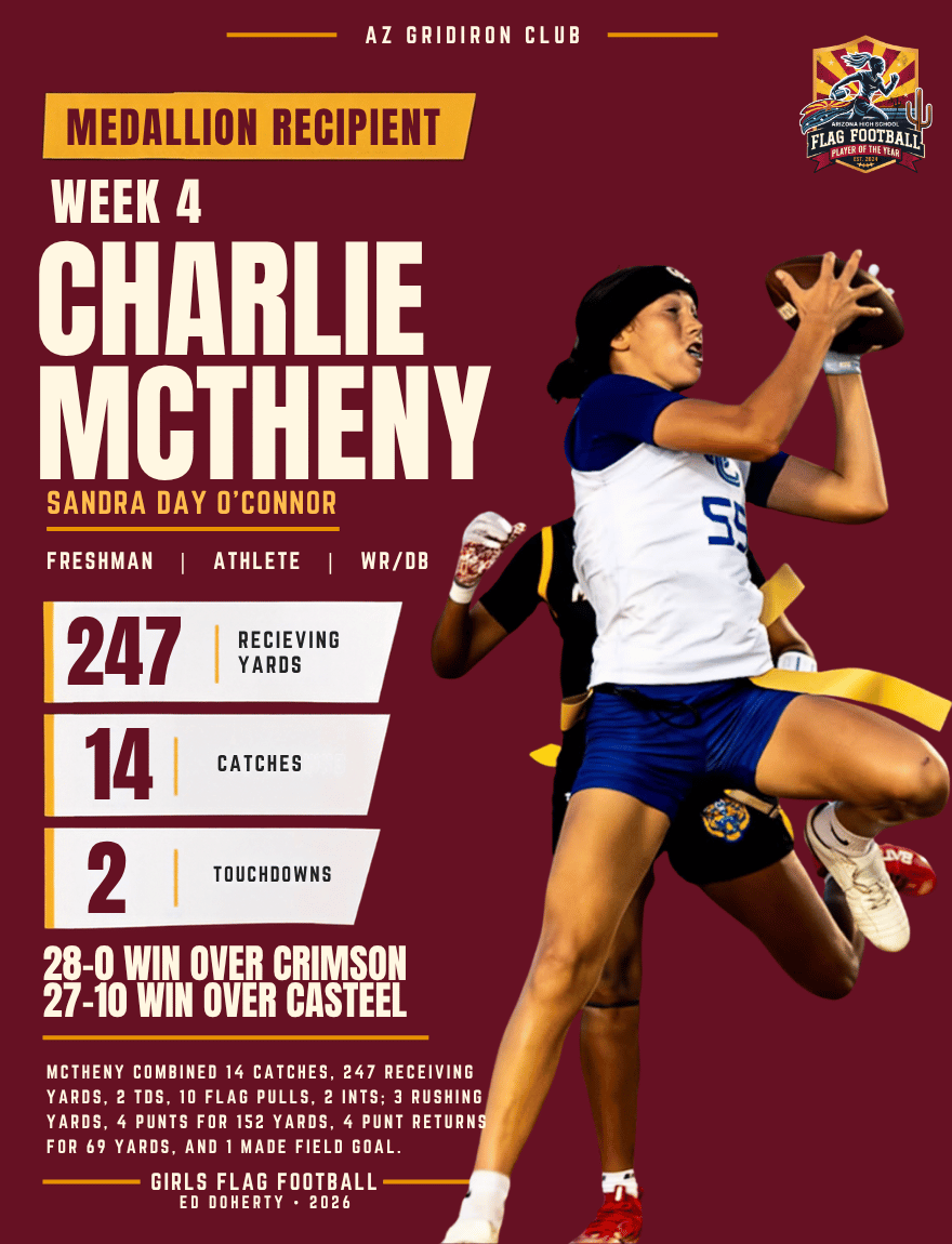 Week 4 Arizona High School Flag Football Player of the Year medallion recipient Charlie McTheny of Sandra Day O’Connor
