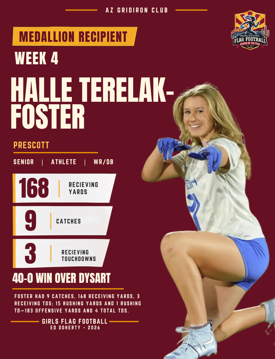 Week 4 Arizona High School Flag Football Player of the Year medallion recipient Halle Terelak-Foster of Prescott