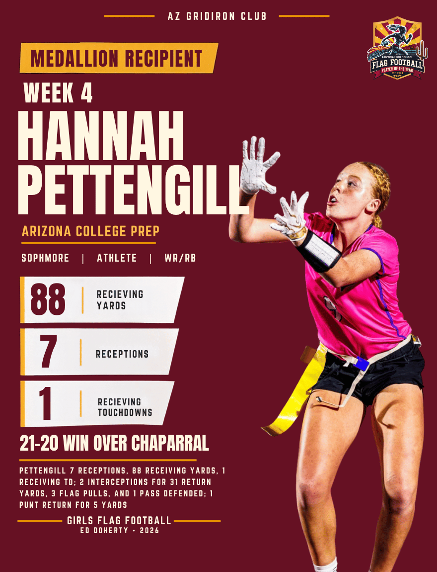 Week 4 Arizona High School Flag Football Player of the Year medallion recipient Hannah Pettengill of Arizona College Prep