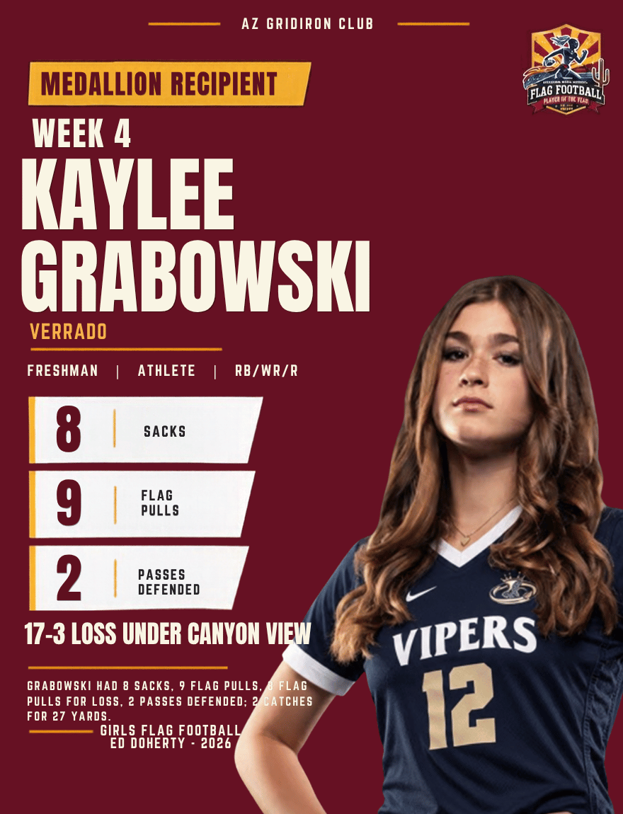 Week 4 Arizona High School Flag Football Player of the Year medallion recipient Kaylee Grabowski of Verrado