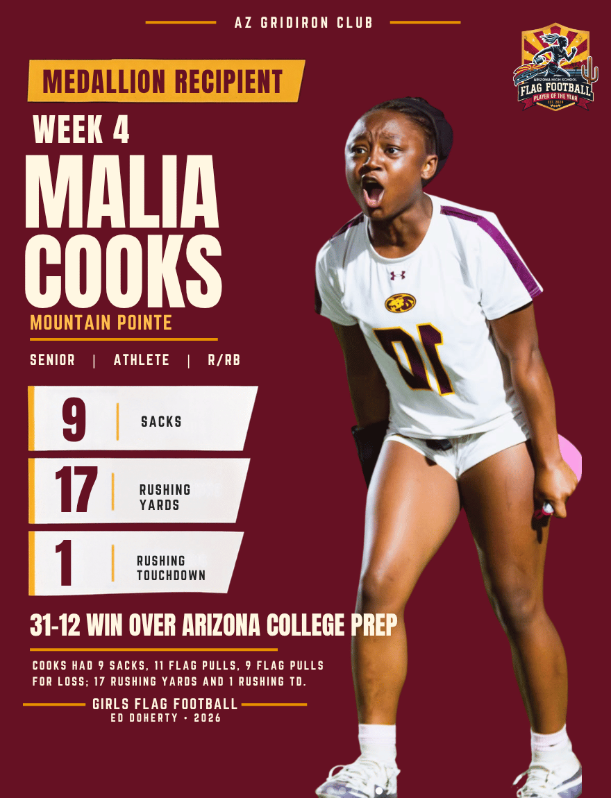 Week 4 Arizona High School Flag Football Player of the Year medallion recipient Malia Cooks of Mountain Pointe
