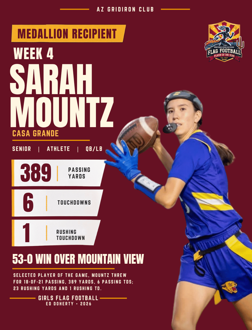 Week 4 Arizona High School Flag Football Player of the Year medallion recipient Sarah Mountz of Casa Grande