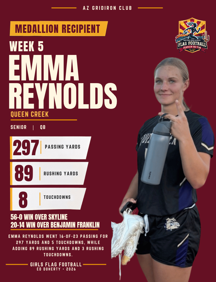 Week 5 Arizona High School Flag Football Player of the Year medallion recipient Emma Reynolds of Queen Creek