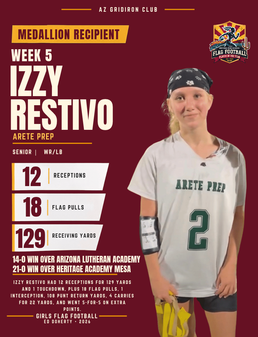Week 5 Arizona High School Flag Football Player of the Year medallion recipient Izzy Restivo of Arete Prep