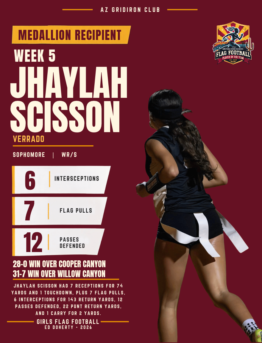 Week 5 Arizona High School Flag Football Player of the Year medallion recipient Jhaylah Scisson of Verrado