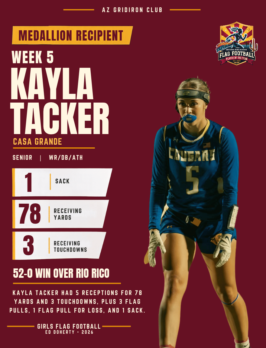 Week 5 Arizona High School Flag Football Player of the Year medallion recipient Kayla Tacker of Casa Grande