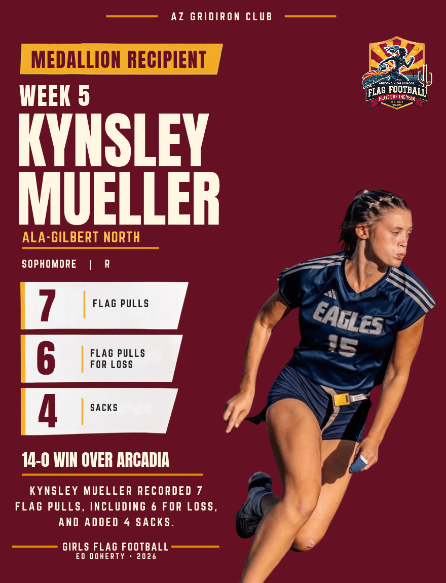 Week 5 Arizona High School Flag Football Player of the Year medallion recipient Kynsley Mueller of ALA–Gilbert North