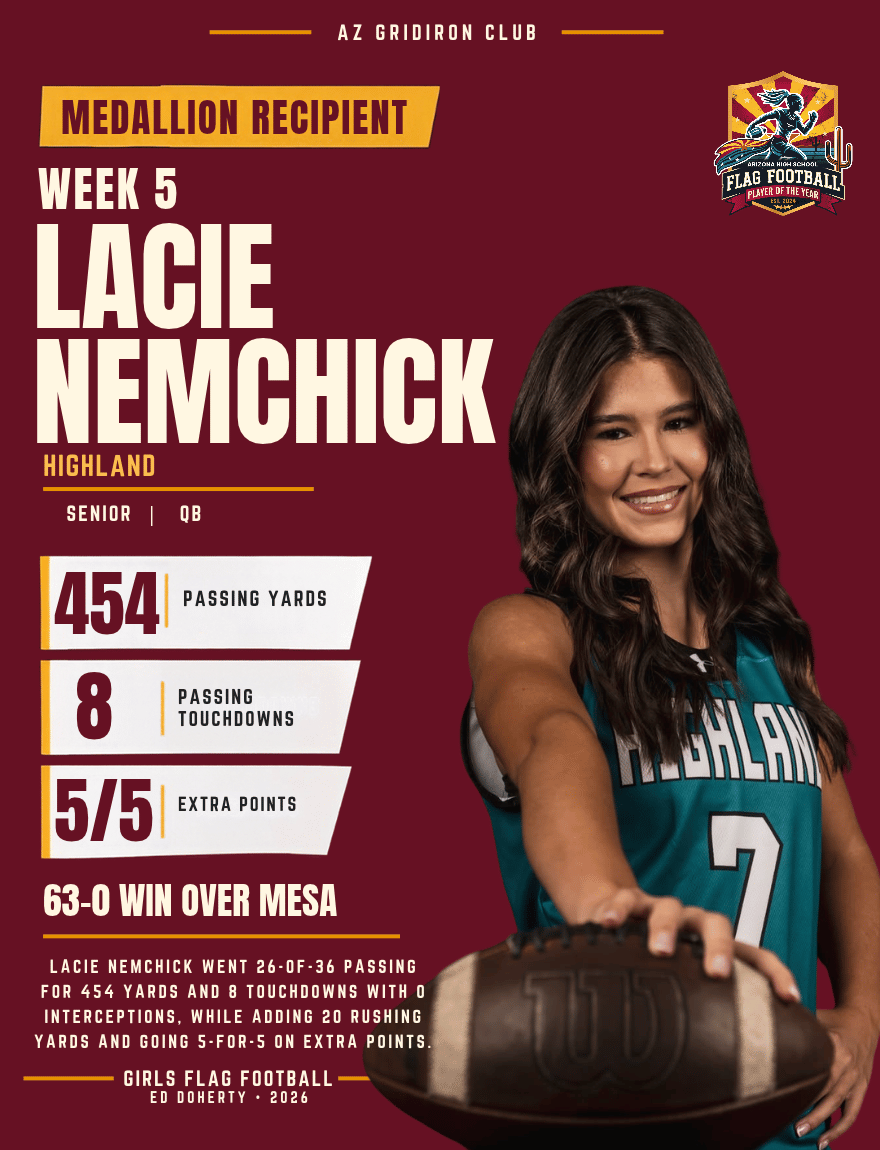 Week 5 Arizona High School Flag Football Player of the Year medallion recipient Lacie Nemchick of Highland
