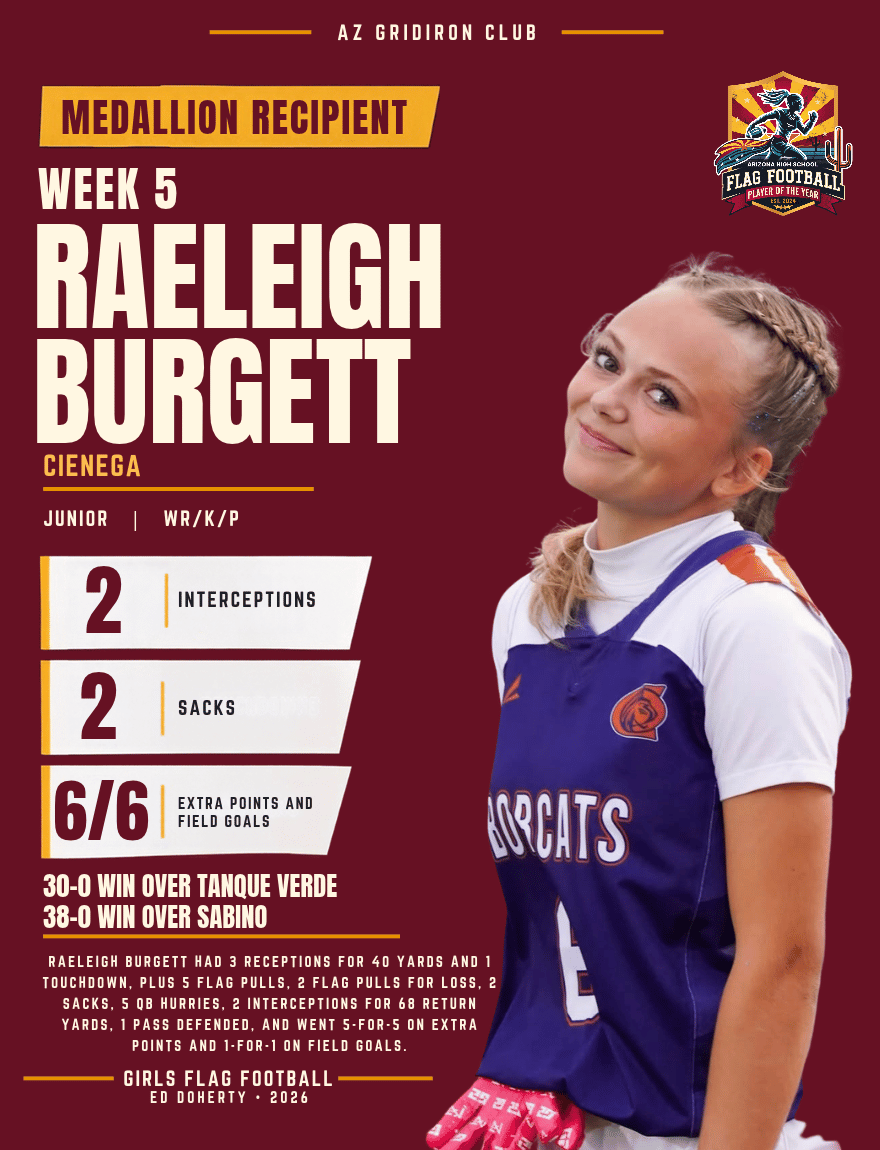 Week 5 Arizona High School Flag Football Player of the Year medallion recipient Raeleigh Burgett of Cienega