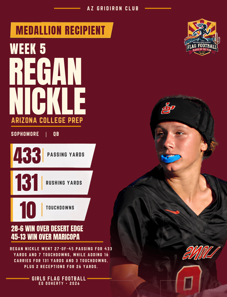 Week 5 Arizona High School Flag Football Player of the Year medallion recipient Regan Nickle of Arizona College Prep
