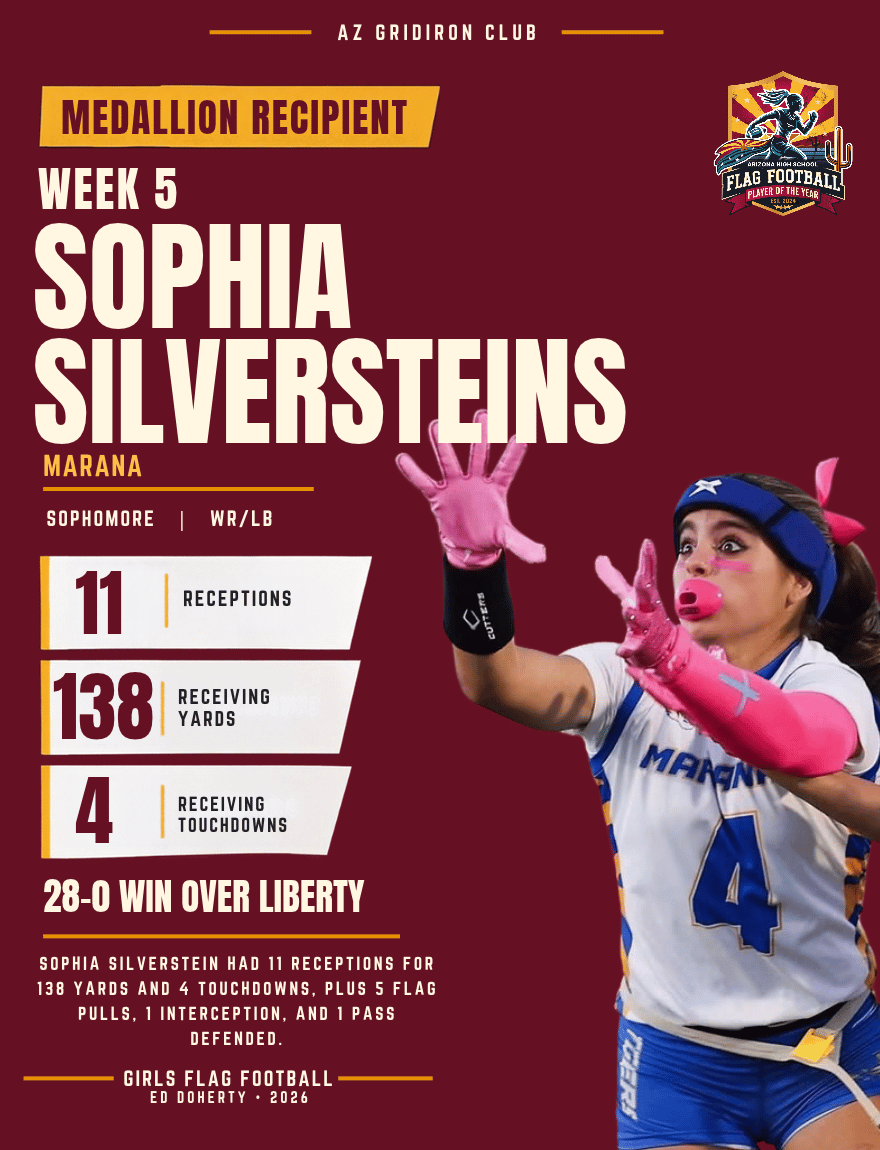 Week 5 Arizona High School Flag Football Player of the Year medallion recipient Sophia Silverstein of Marana