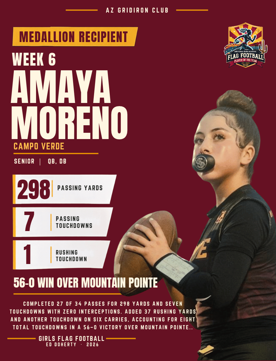 Week 6 Arizona High School Flag Football Player of the Year medallion recipient Amaya Moreno of Campo Verde
