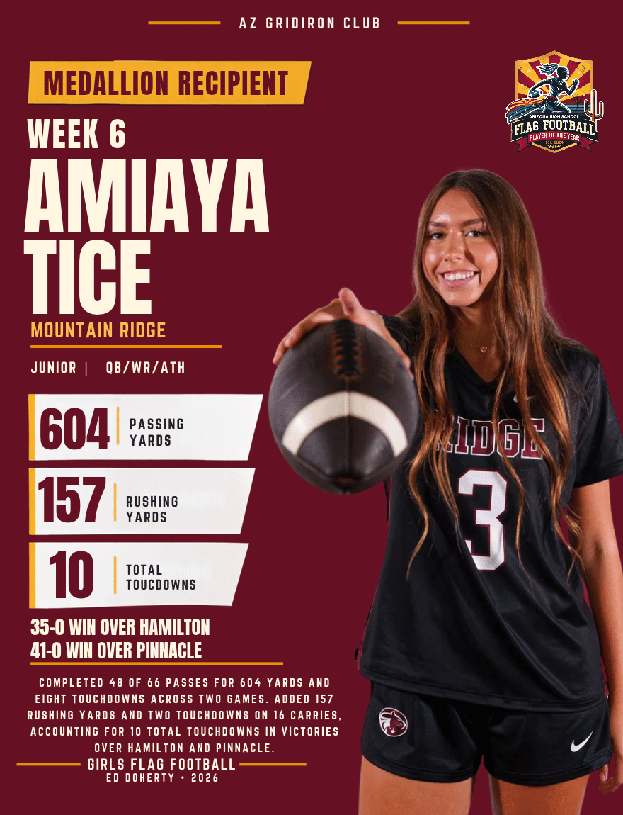 Week 6 Arizona High School Flag Football Player of the Year medallion recipient Amiaya Tice of Mountain Ridge