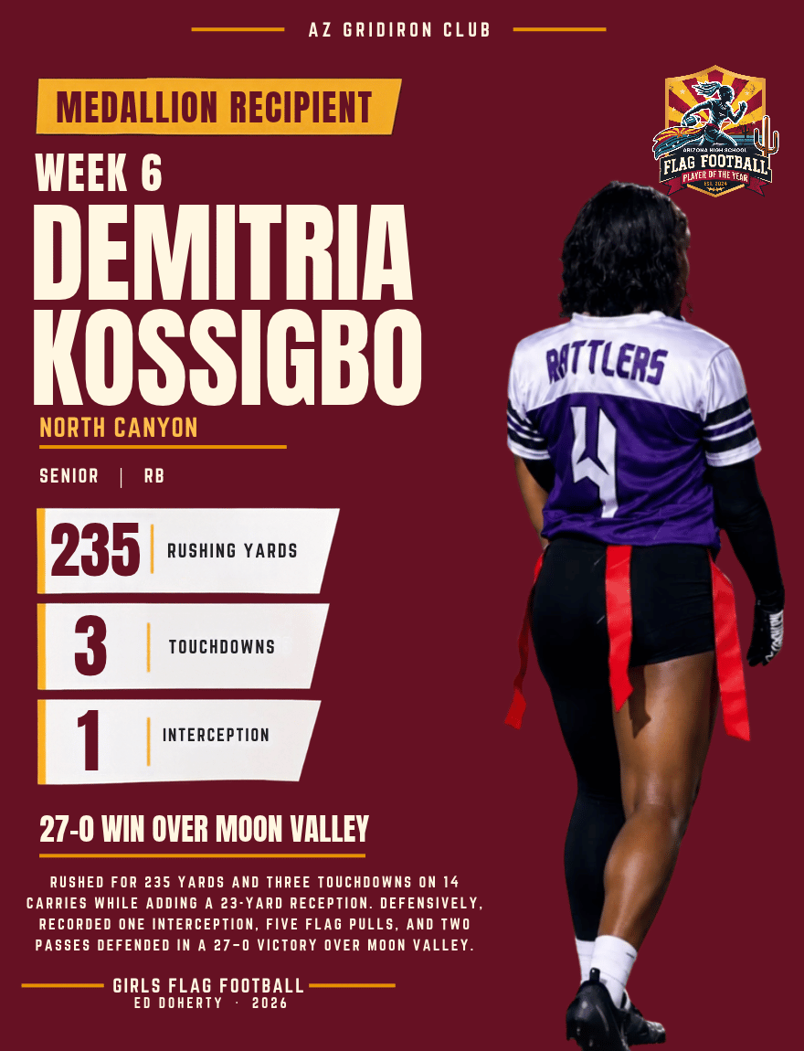 Week 6 Arizona High School Flag Football Player of the Year medallion recipient Demitria Kossigbo of North Canyon