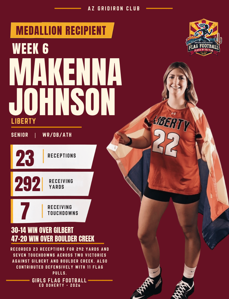 Week 6 Arizona High School Flag Football Player of the Year medallion recipient MaKenna Johnson of Liberty
