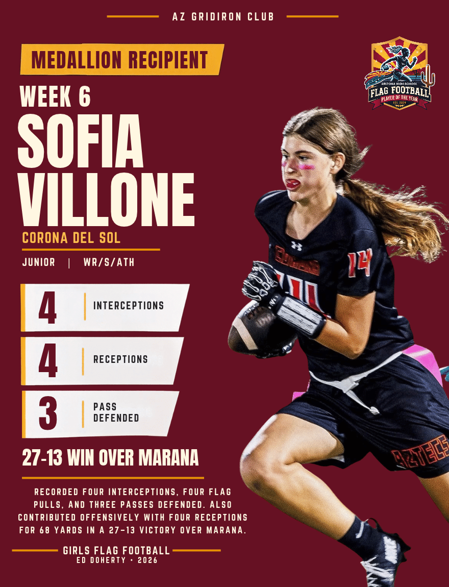 Week 6 Arizona High School Flag Football Player of the Year medallion recipient Sofia Villone of Corona del Sol