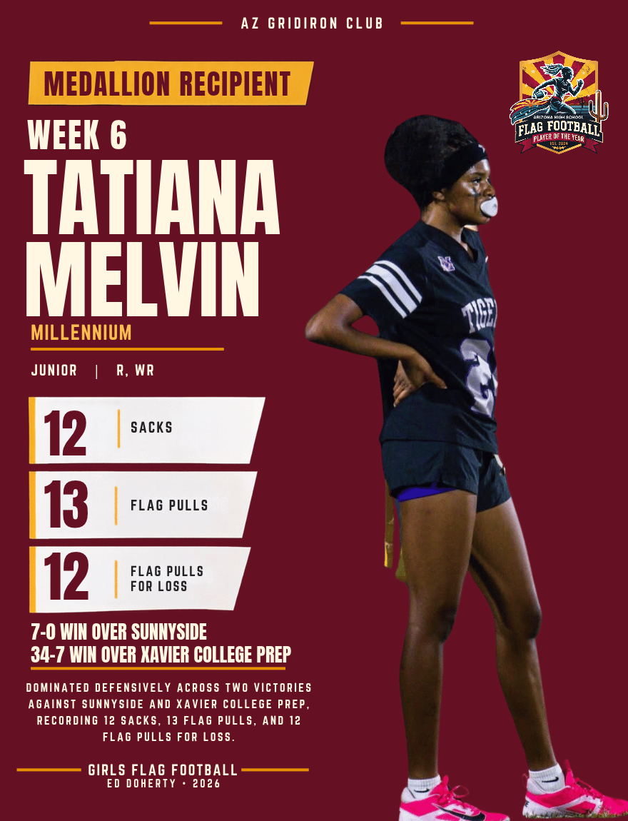 Week 6 Arizona High School Flag Football Player of the Year medallion recipient Tatiana Melvin of Millennium