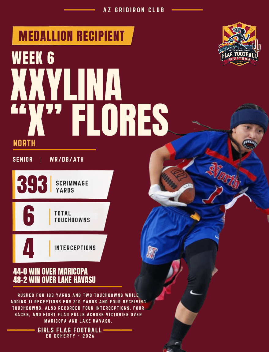 Week 6 Arizona High School Flag Football Player of the Year medallion recipient Xxylina “X” Flores of North