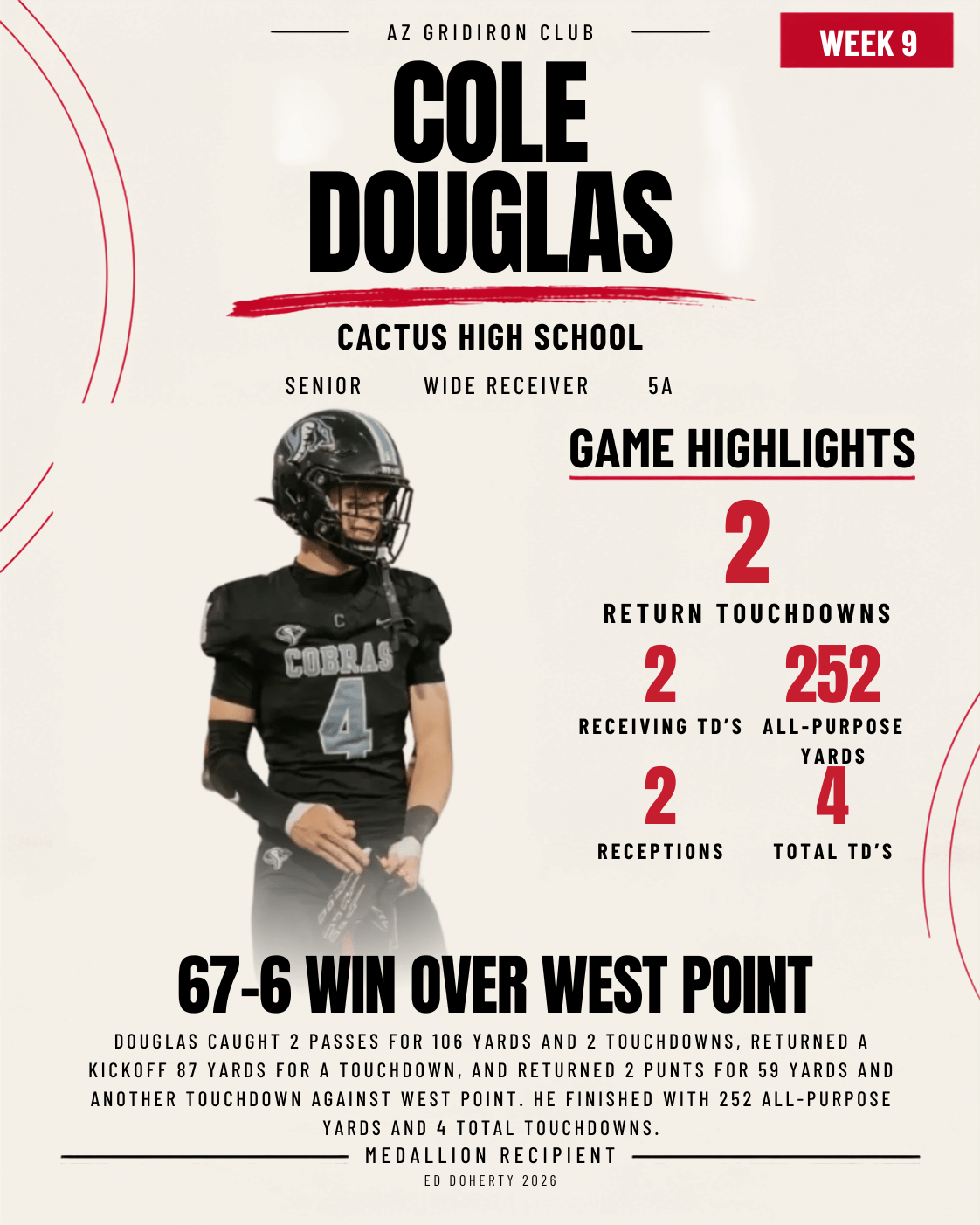 2026 Ed Doherty Award medallion recipient Cole Douglas of Cactus