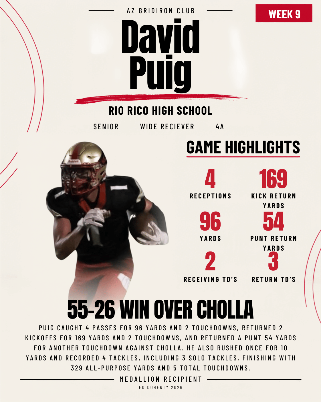 2026 Ed Doherty Award medallion recipient David Puig of Rio Rico