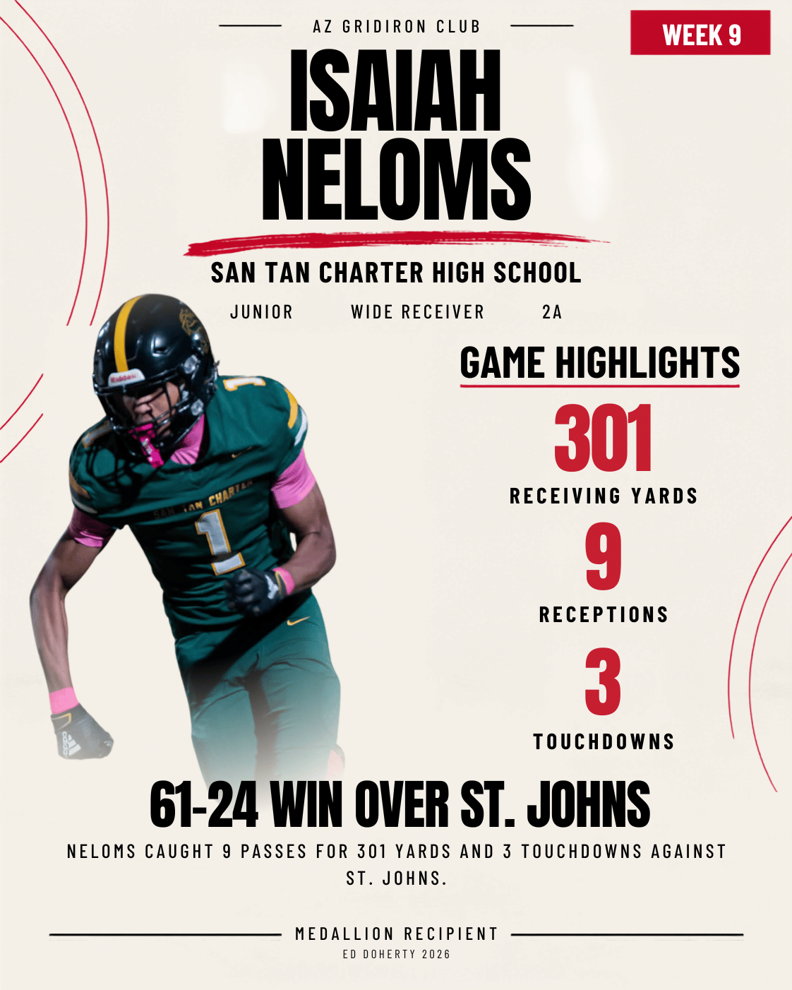 2026 Ed Doherty Award medallion recipient Isaiah Neloms of San Tan Charter