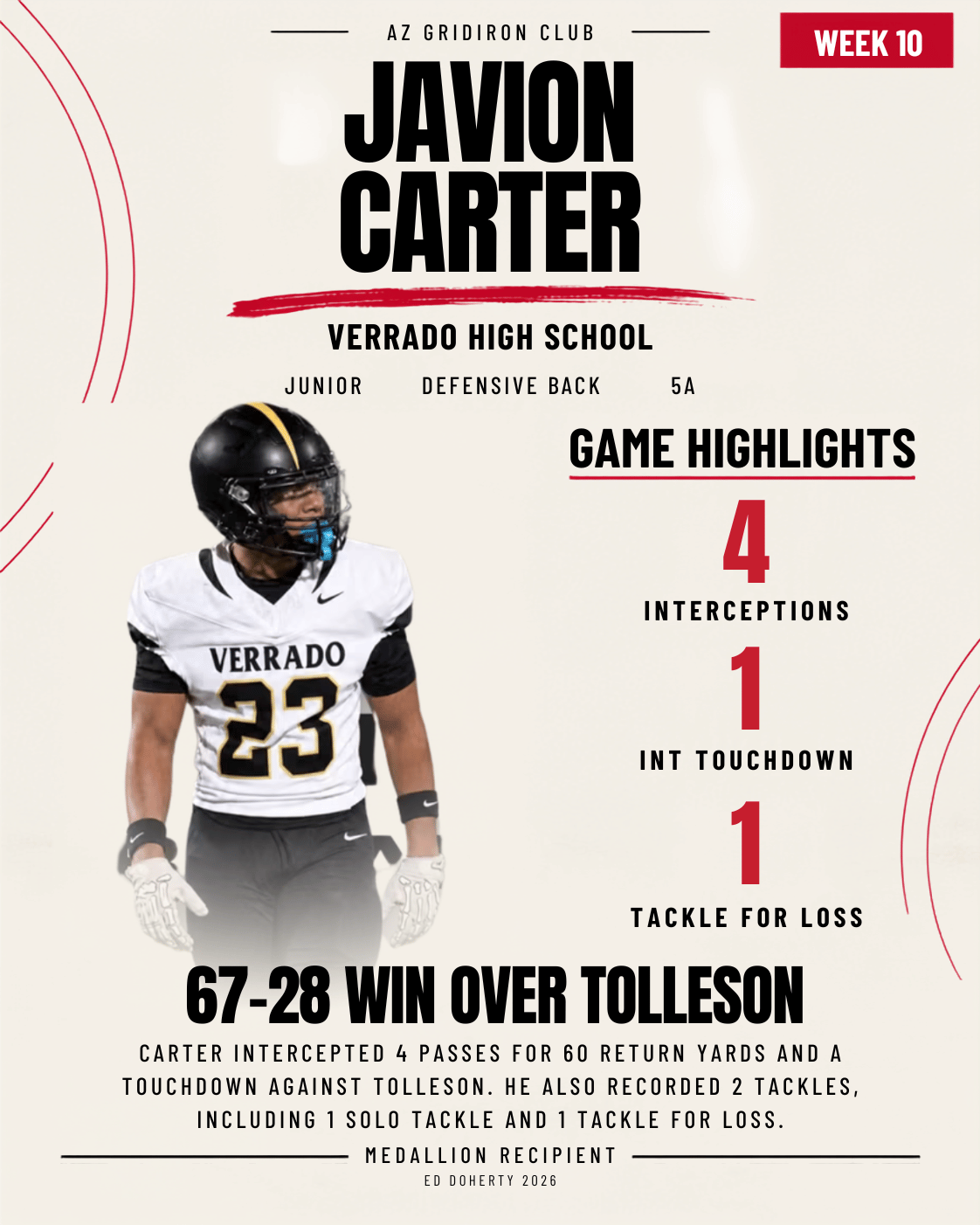 2026 Ed Doherty Award medallion recipient Javion Carter of Verrado