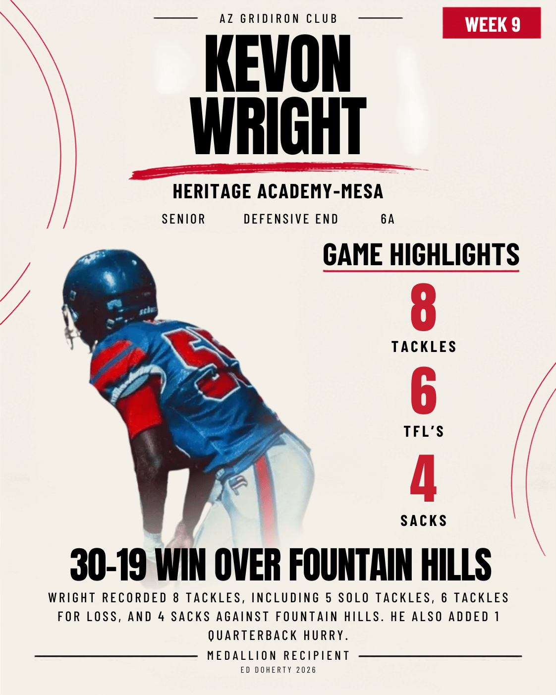 2026 Ed Doherty Award medallion recipient Kevon Wright of Heritage Academy–Mesa