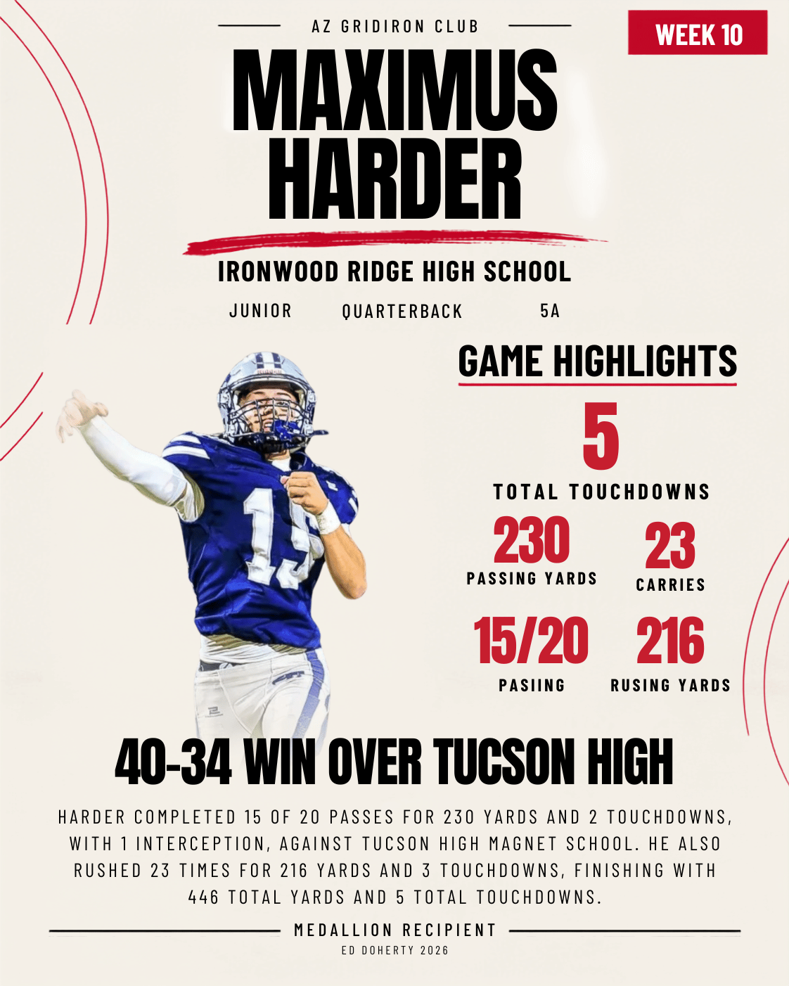 2026 Ed Doherty Award medallion recipient Maximus Harder of Ironwood Ridge