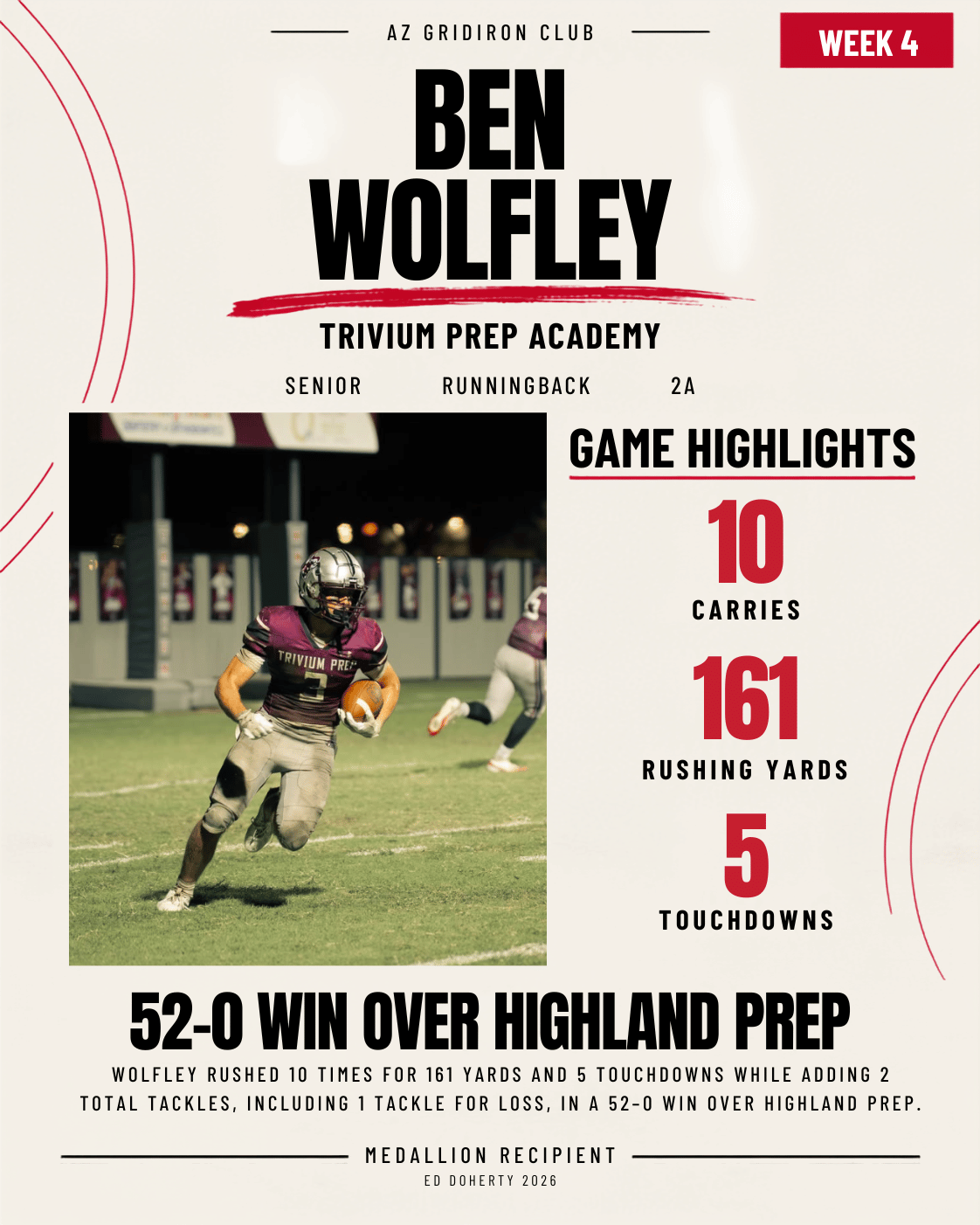 Week 4 Ed Doherty Award Medallion recipient Ben Wolfley of Trivium Prep Academy