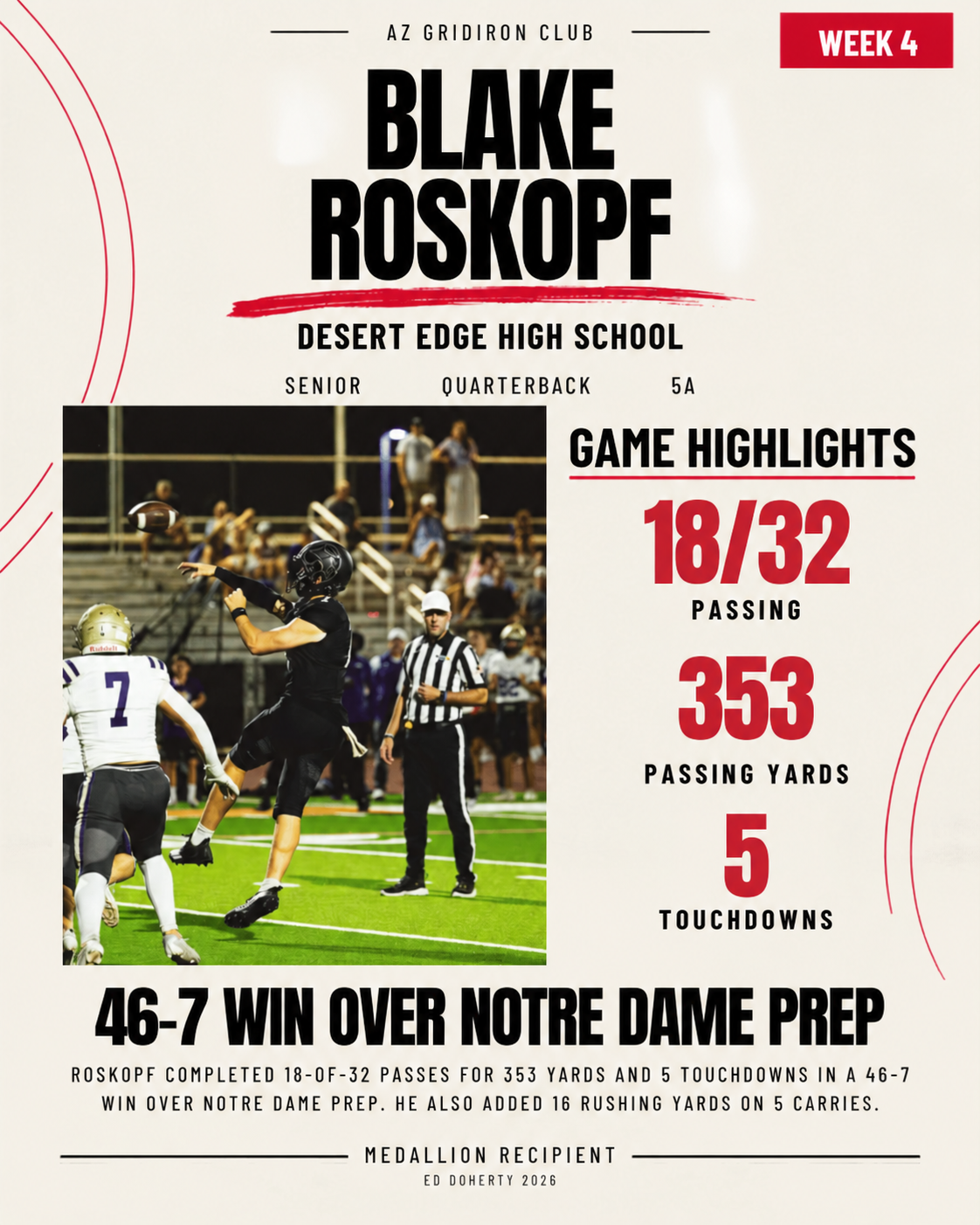 Week 4 Ed Doherty Award Medallion recipient Blake Roskopf of Desert Edge High School