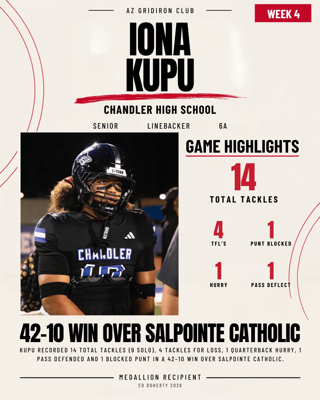 Week 4 Ed Doherty Award Medallion recipient Iona Kupu of Chandler High School