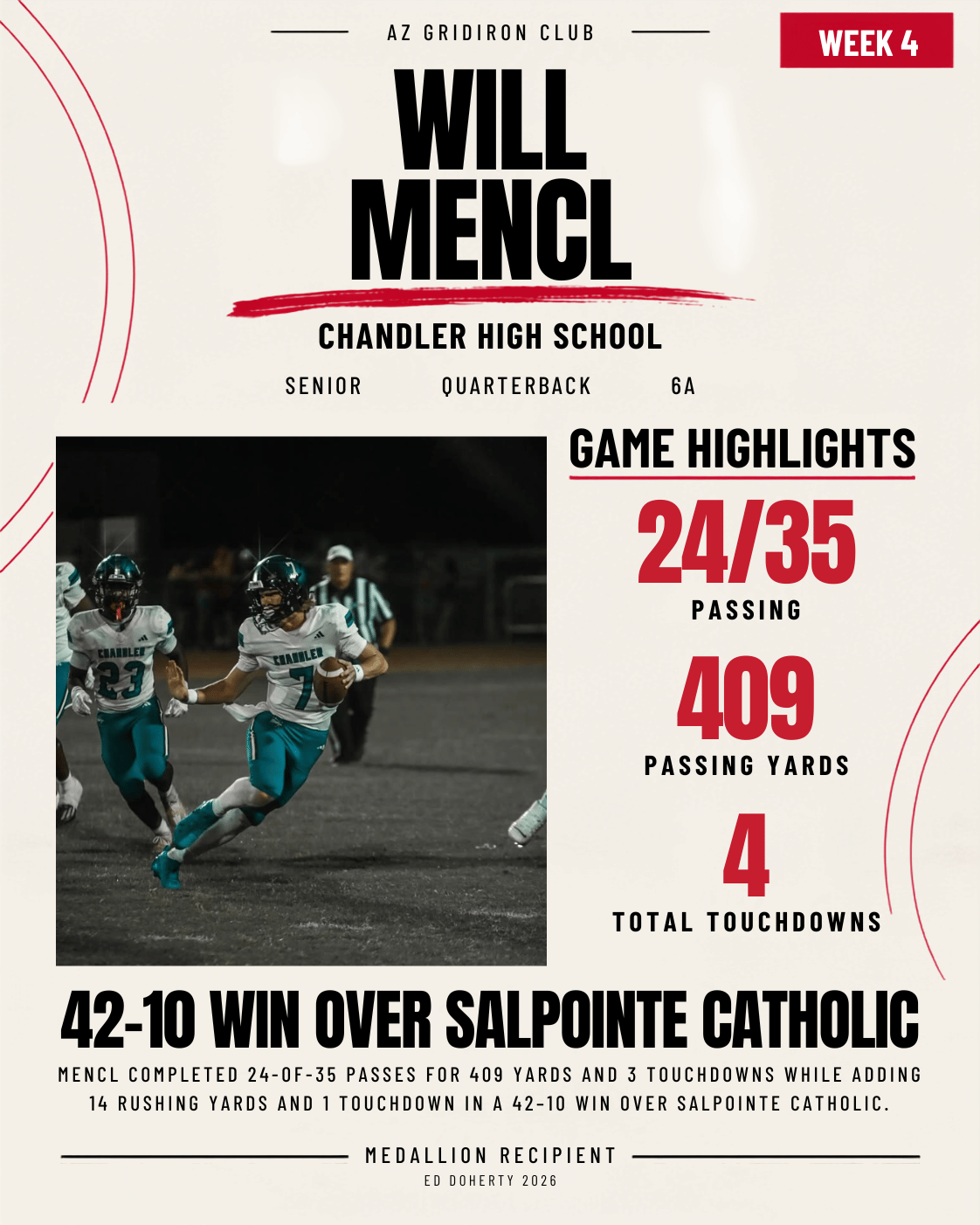 Week 4 Ed Doherty Award Medallion recipient Will Mencl of Chandler High School