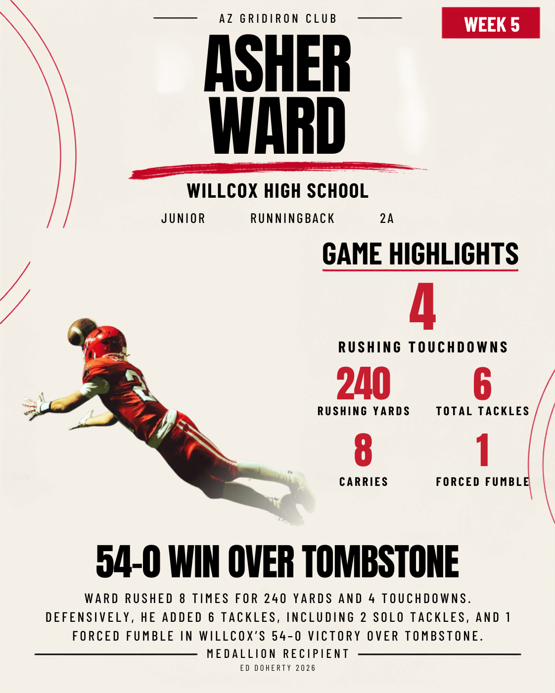 Week 5 Ed Doherty Award Medallion recipient Asher Ward of Willcox High School