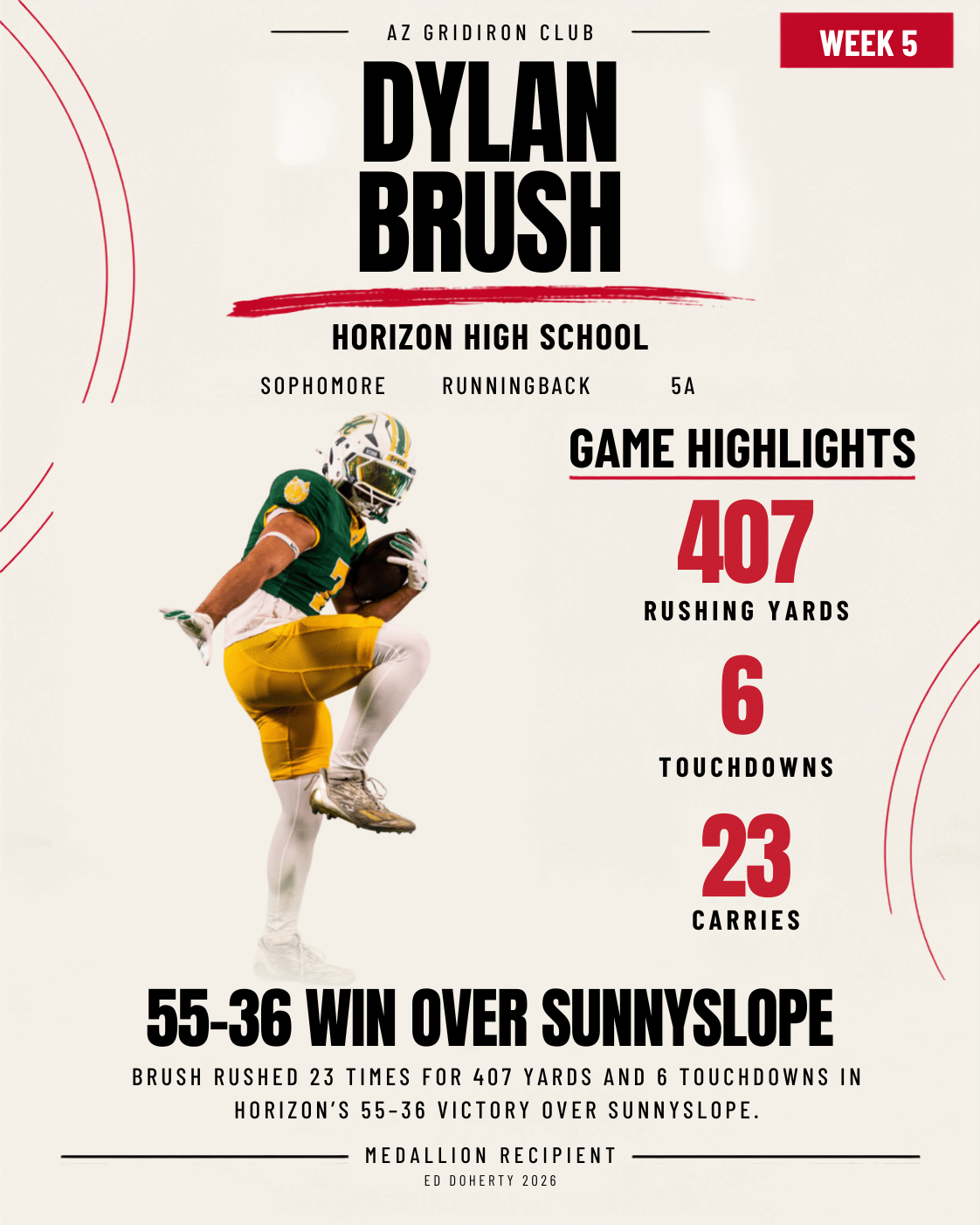 Week 5 Ed Doherty Award Medallion recipient Dylan Brush of Horizon High School