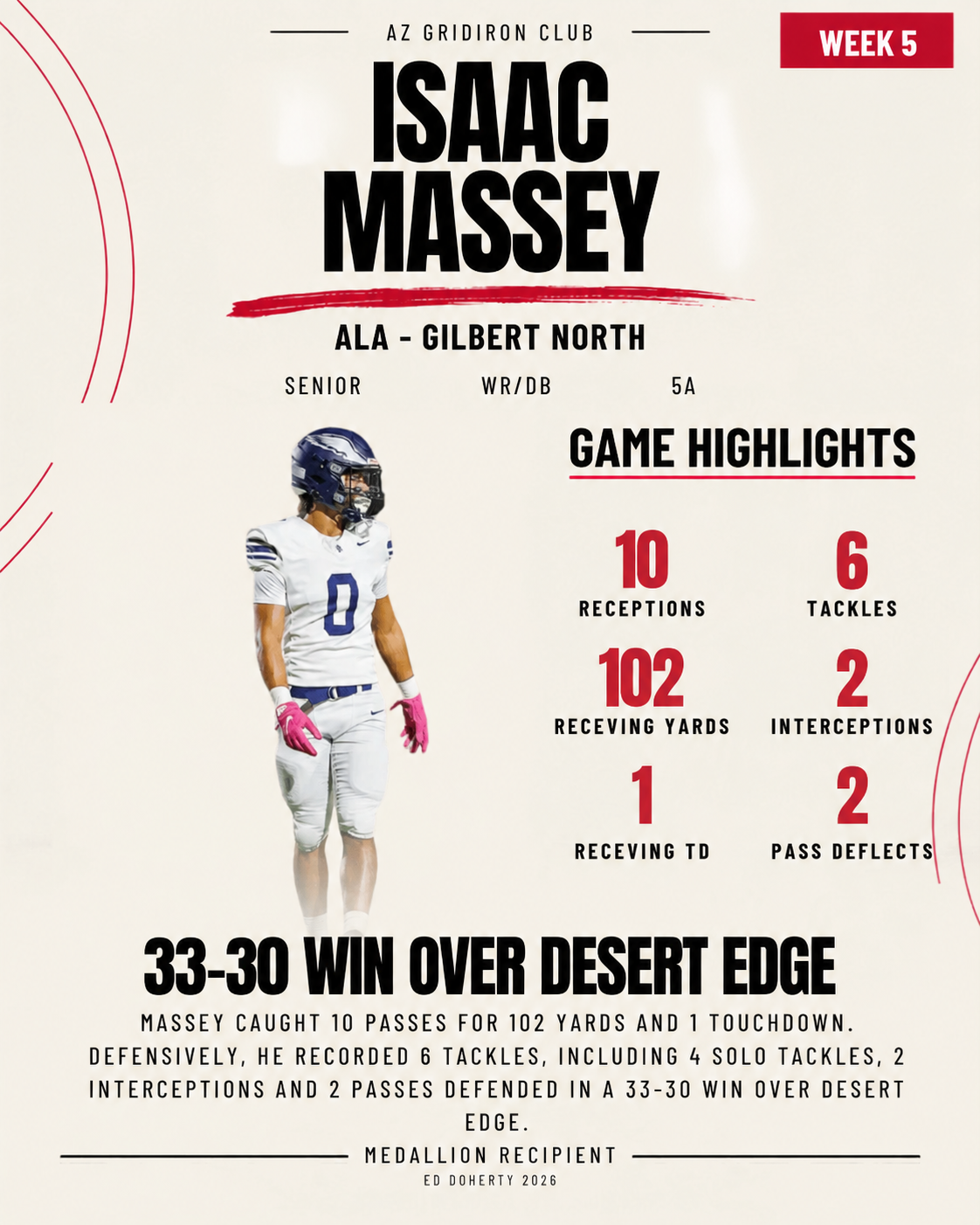 Week 5 Ed Doherty Award Medallion recipient Isaac Massey of ALA Gilbert North