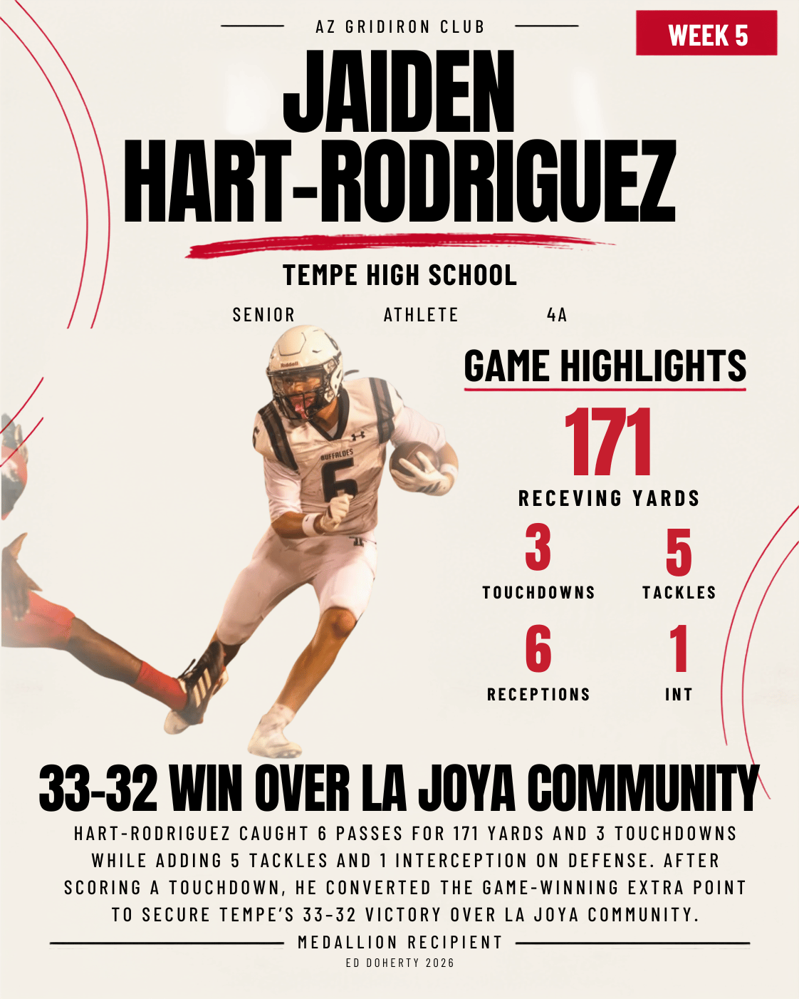 Week 5 Ed Doherty Award Medallion recipient Jaiden Hart-Rodriguez of Tempe High School