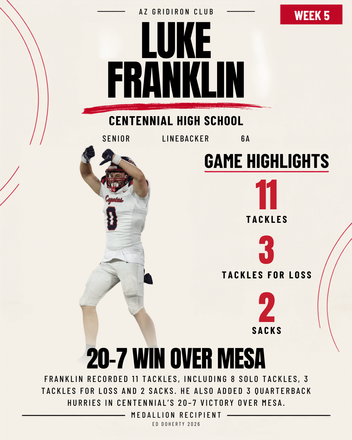 Week 5 Ed Doherty Award Medallion recipient Luke Franklin of Centennial High School