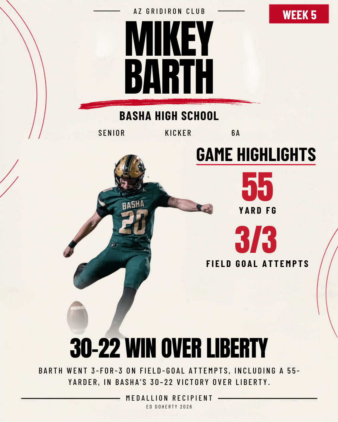 Week 5 Ed Doherty Award Medallion recipient Mikey Barth of Basha High School