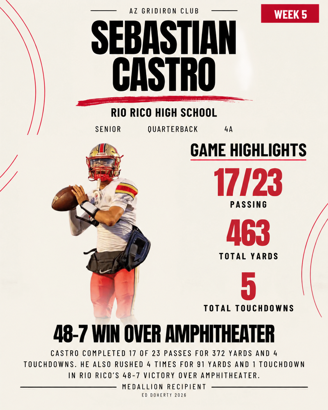 Week 5 Ed Doherty Award Medallion recipient Sebastian Castro of Rio Rico High School