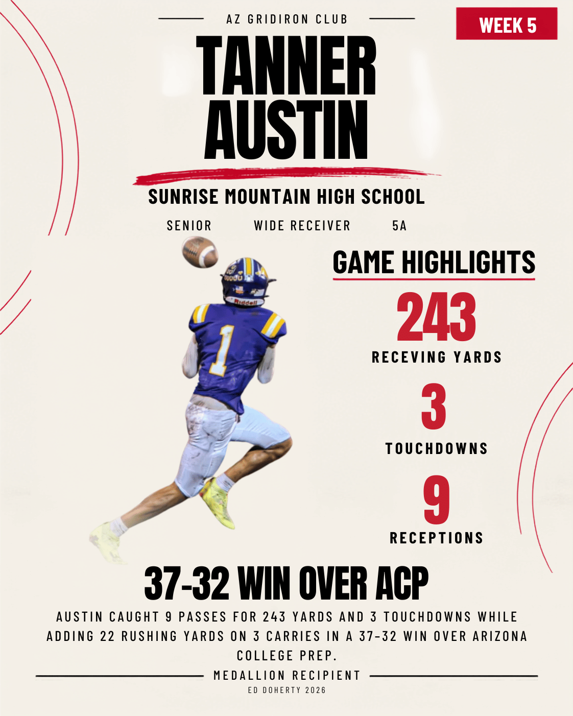 Week 5 Ed Doherty Award Medallion recipient Tanner Austin of Sunrise Mountain High School