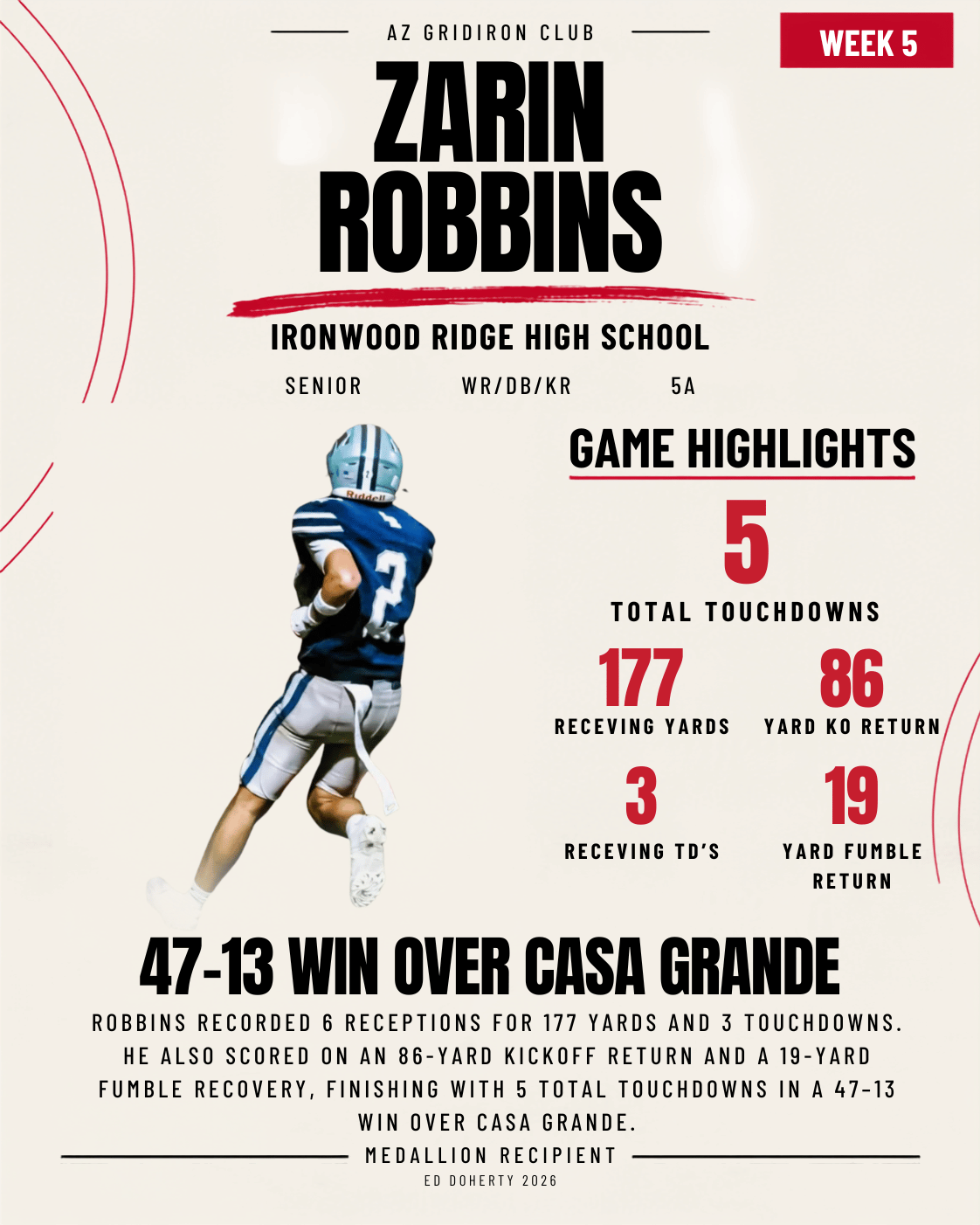 Week 5 Ed Doherty Award Medallion recipient Zarin Robbins of Ironwood Ridge High School