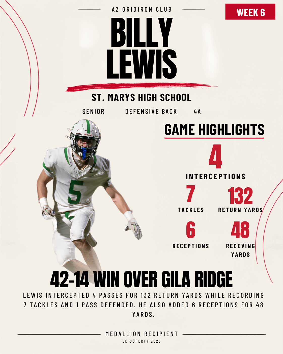 Week 6 Ed Doherty Award Medallion recipient Billy Lewis of St. Mary’s High School