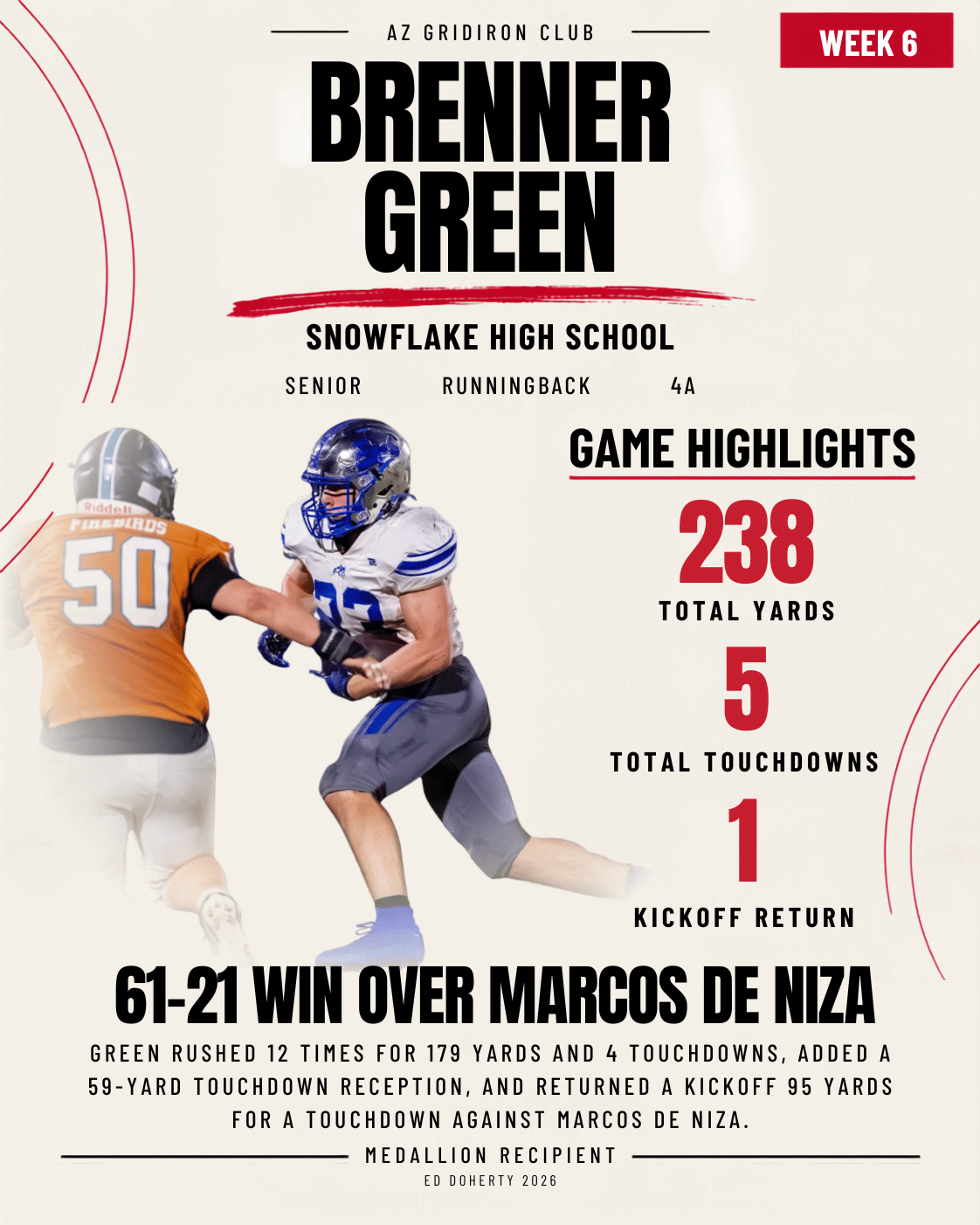 Week 6 Ed Doherty Award Medallion recipient Brenner Green of Snowflake High School