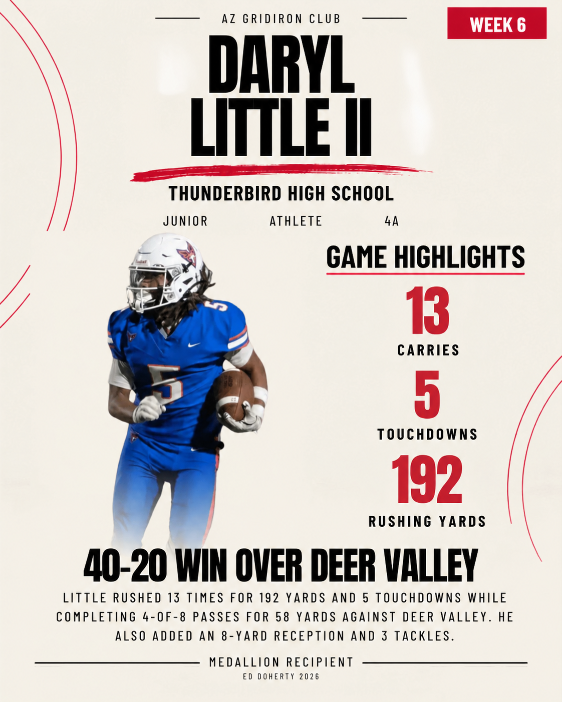 Week 6 Ed Doherty Award Medallion recipient Daryl Little II of Thunderbird High School
