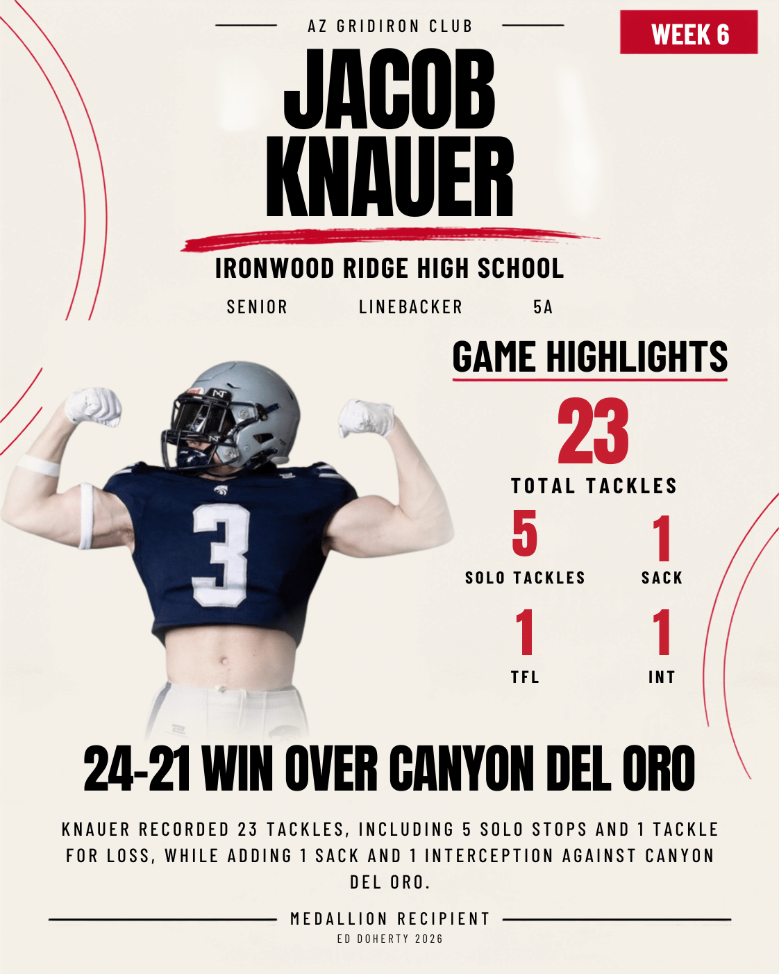 Week 6 Ed Doherty Award Medallion recipient Jacob Knauer of Ironwood Ridge High School