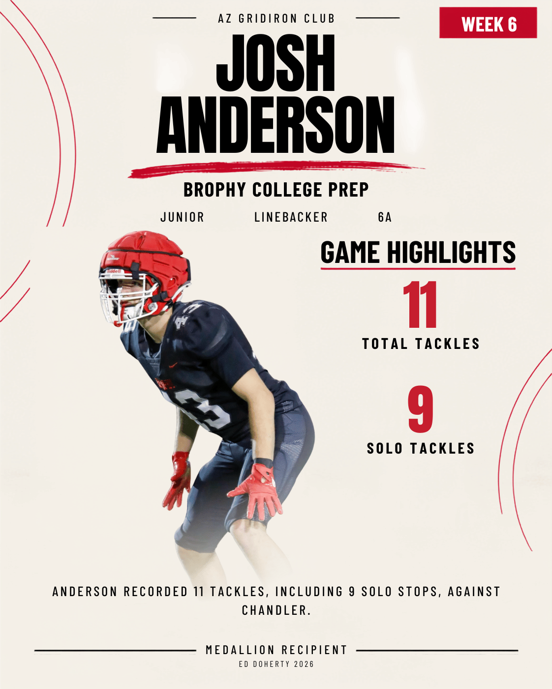 Week 6 Ed Doherty Award Medallion recipient Josh Anderson of Brophy College Prep