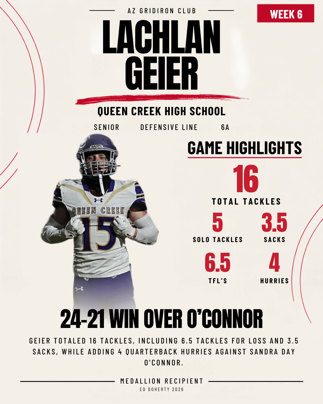 Week 6 Ed Doherty Award Medallion recipient Lachlan Geier of Queen Creek High School