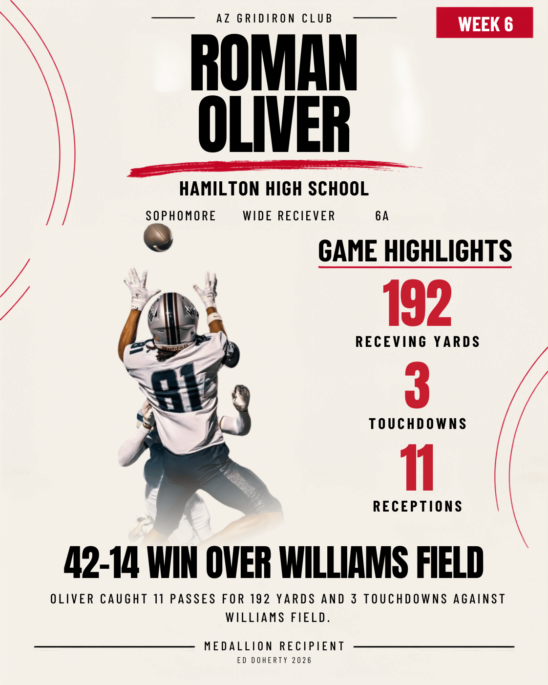 Week 6 Ed Doherty Award Medallion recipient Roman Oliver of Hamilton High School