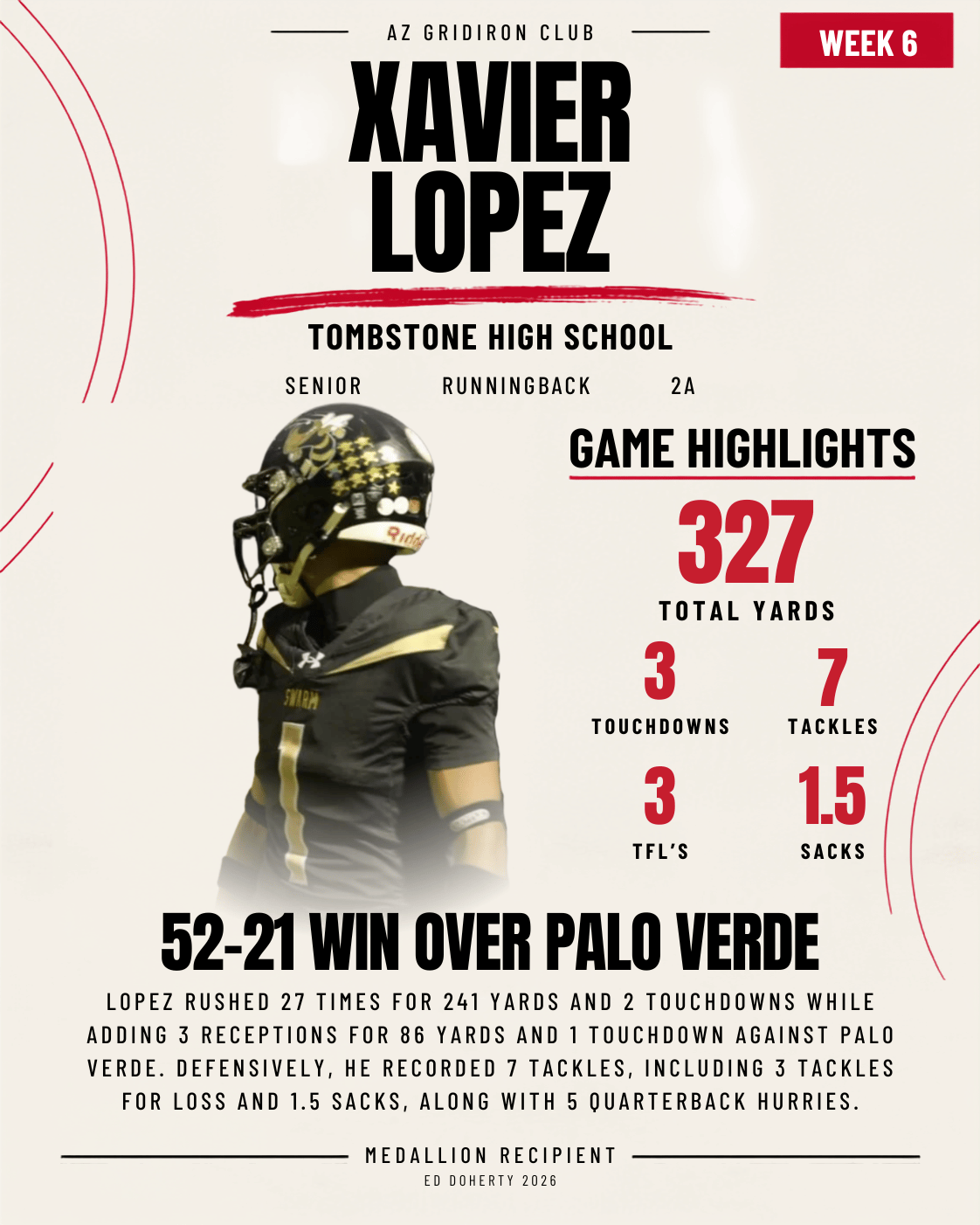 Week 6 Ed Doherty Award Medallion recipient Xavier Lopez of Tombstone High School